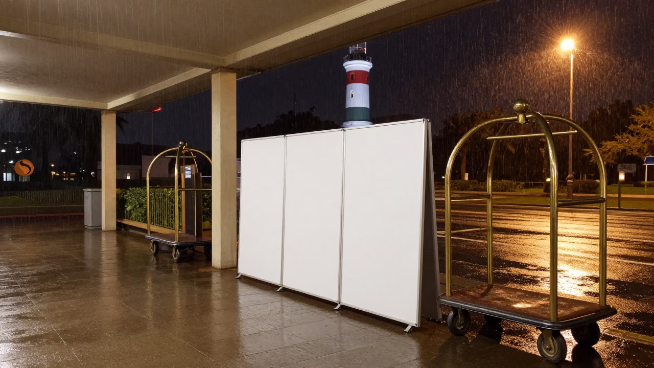 Night Hotel Easel Rack at Palma Soriano Drizzle in at a porte cochere with brass luggage carts waiting in Palma Soriano