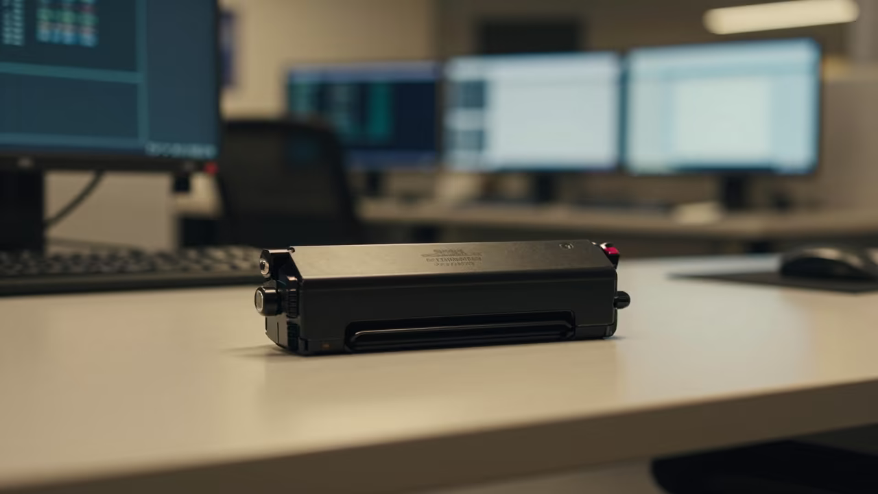 Night Ink Bin in Poznan Office in in an operations center under monitor glow in Poznan