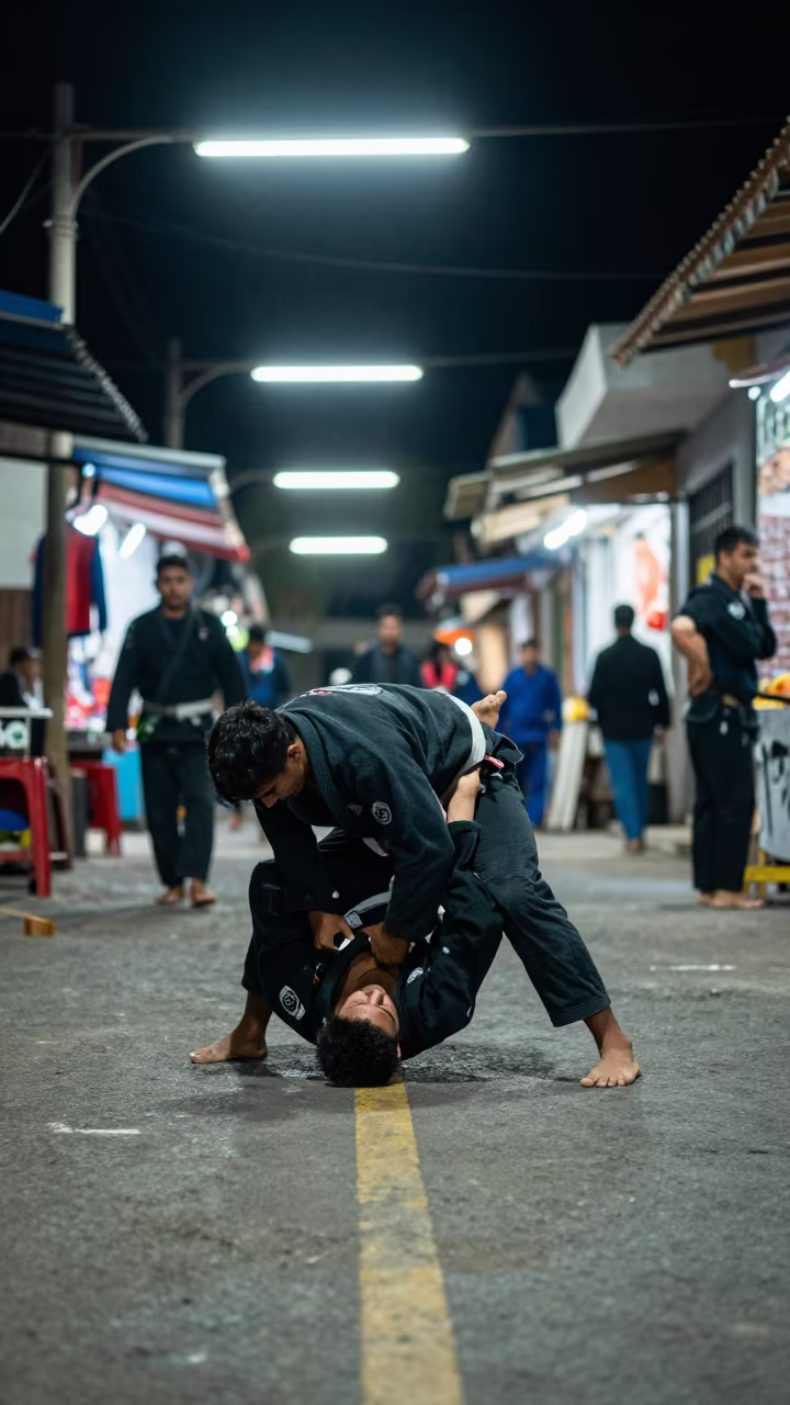 Night Jiu-Jitsu in Tacna Market Lane in along a market lane in Tacna