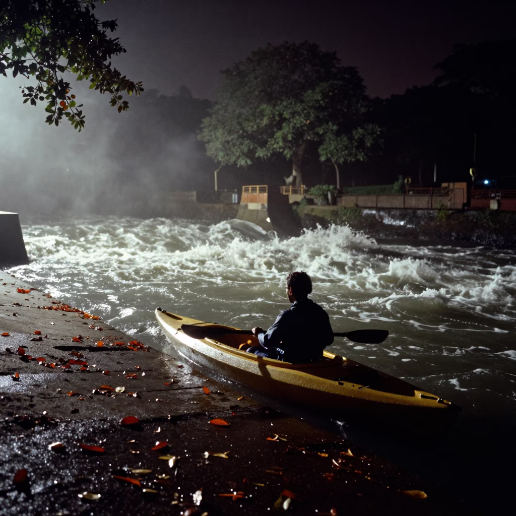 Night Kayak in Foggy Bangalore Harbor in beside a fogbound harbor mouth near Bangalore