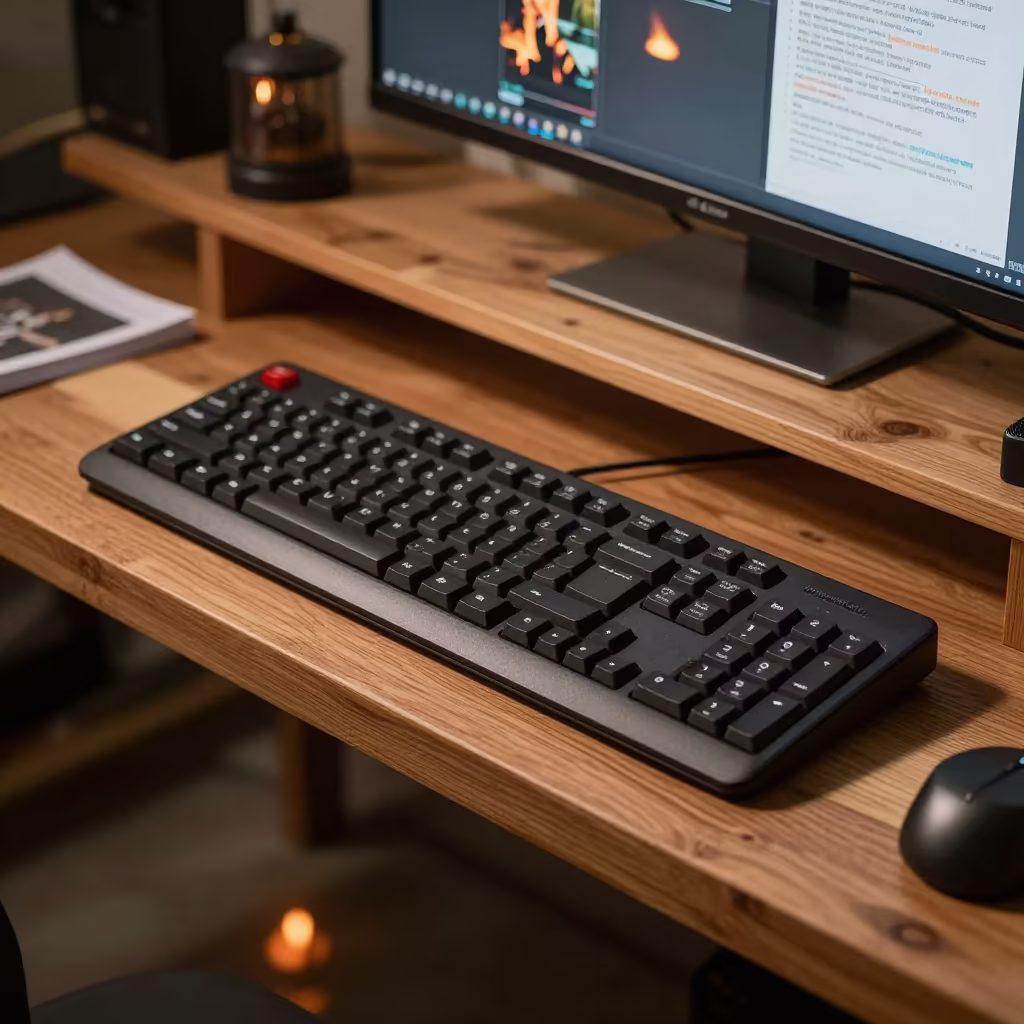 Night Keyboard Trial on Wooden Bench in on a wooden workbench in Chiniot