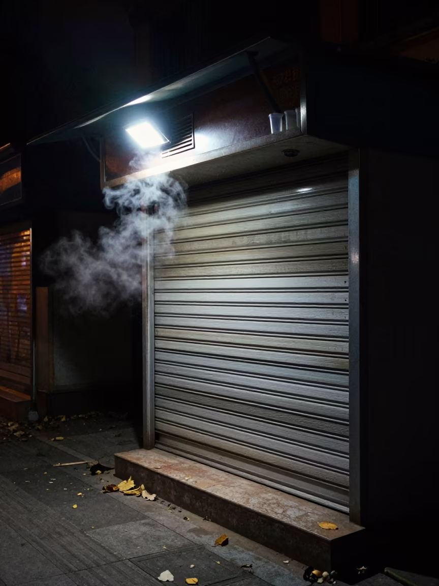 Night Kiosk Under Headlights in Kunming Arcade in along a shuttered arcade in Kunming