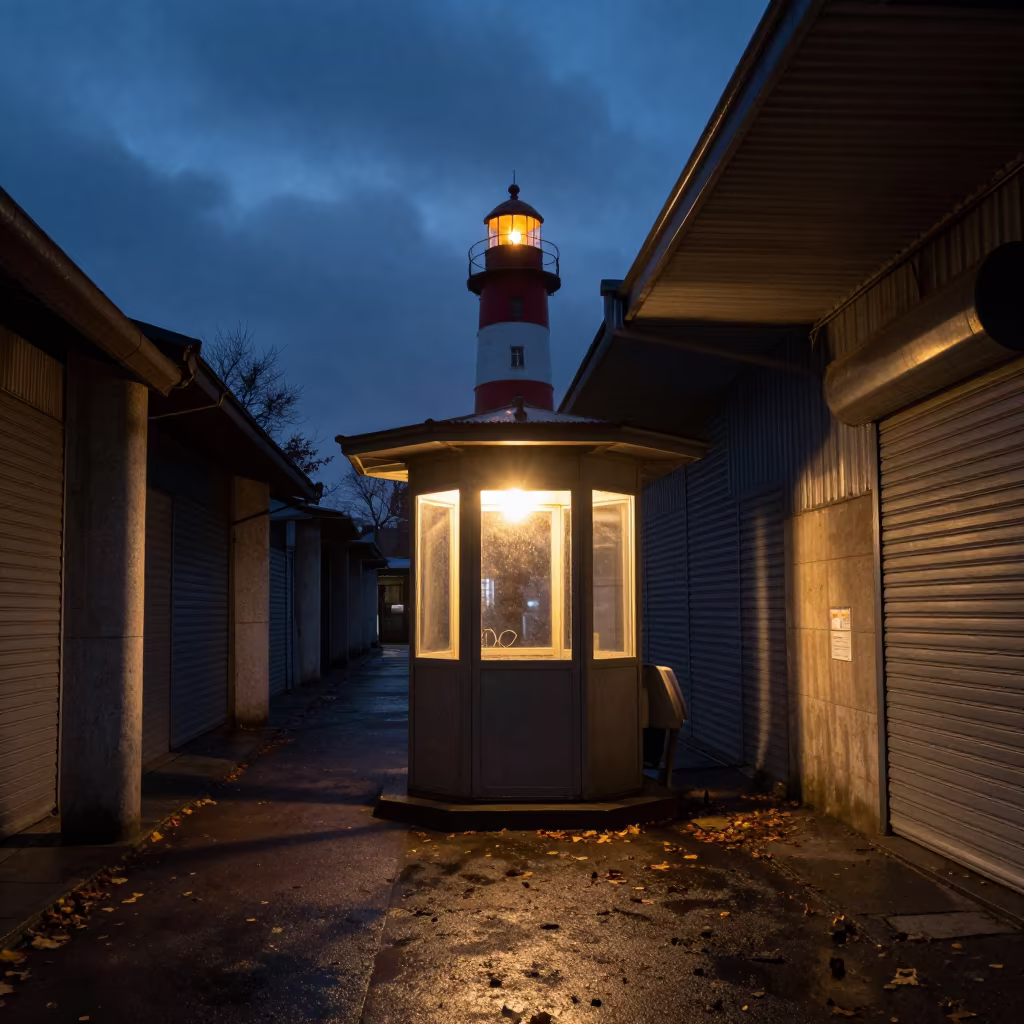 Night Kiosk Under Winter Dawn in Muridke in along a shuttered arcade in Muridke
