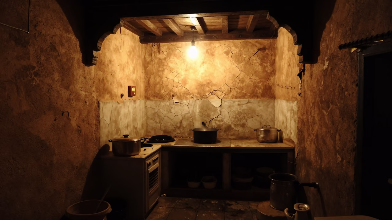 Night Kitchen Scene with Cracked Stucco and Cooking Pot in Marrakech in in Marrakech, Morocco