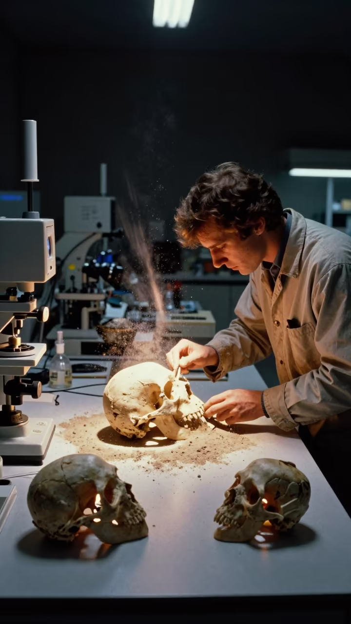 Night Lab Science Liège Fossil Skull Brushing in in a bright laboratory in Liège