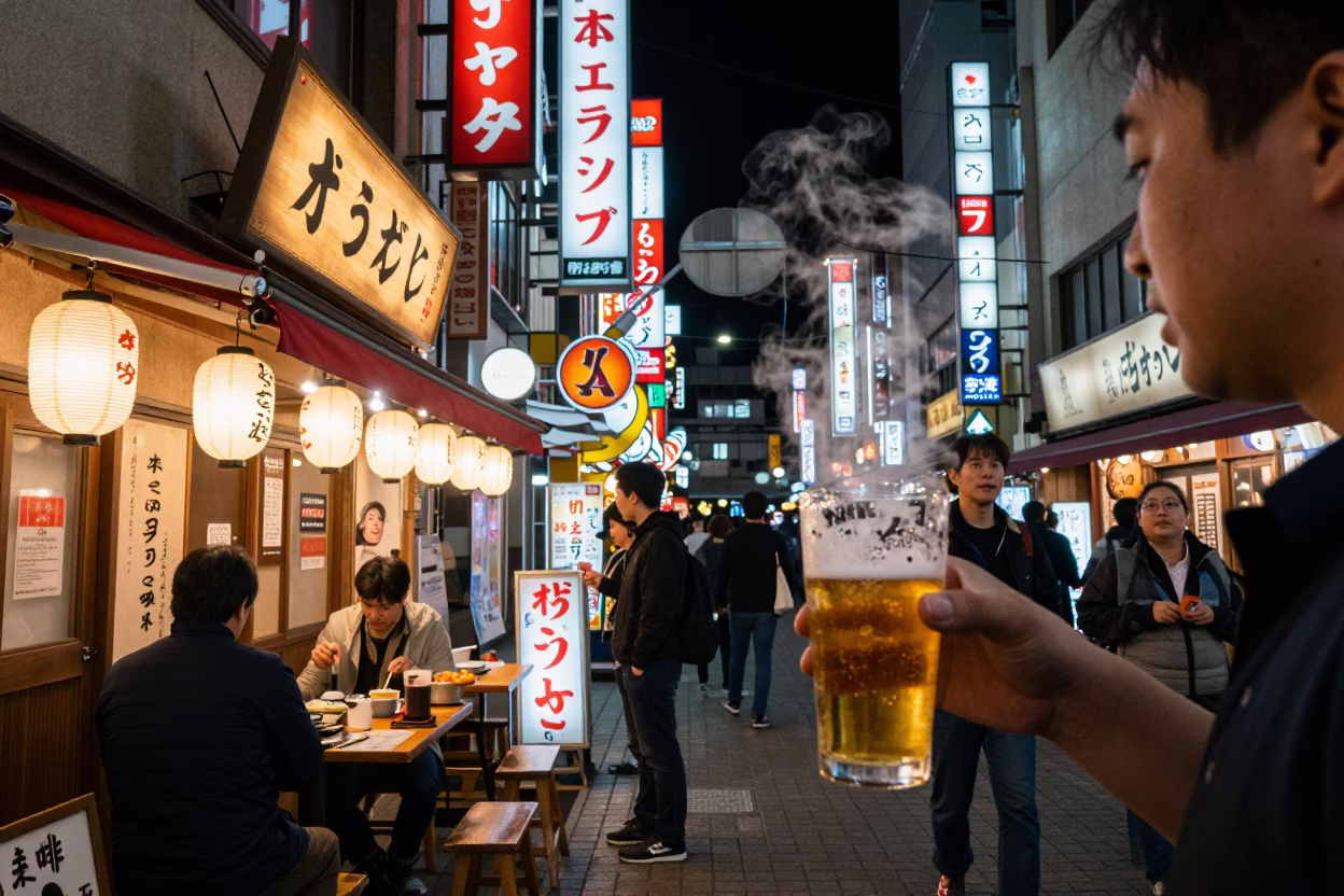 Night Life in Osaka Japan Street Scene with Neon Signs and Condensation in in Osaka, Japan