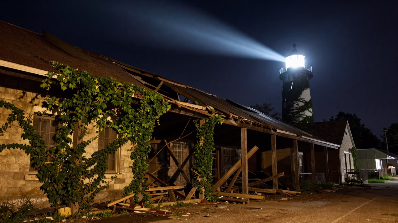 Night Light Sweeps Louisiana Market Ruins in beside ivy-draped masonry in Louisiana