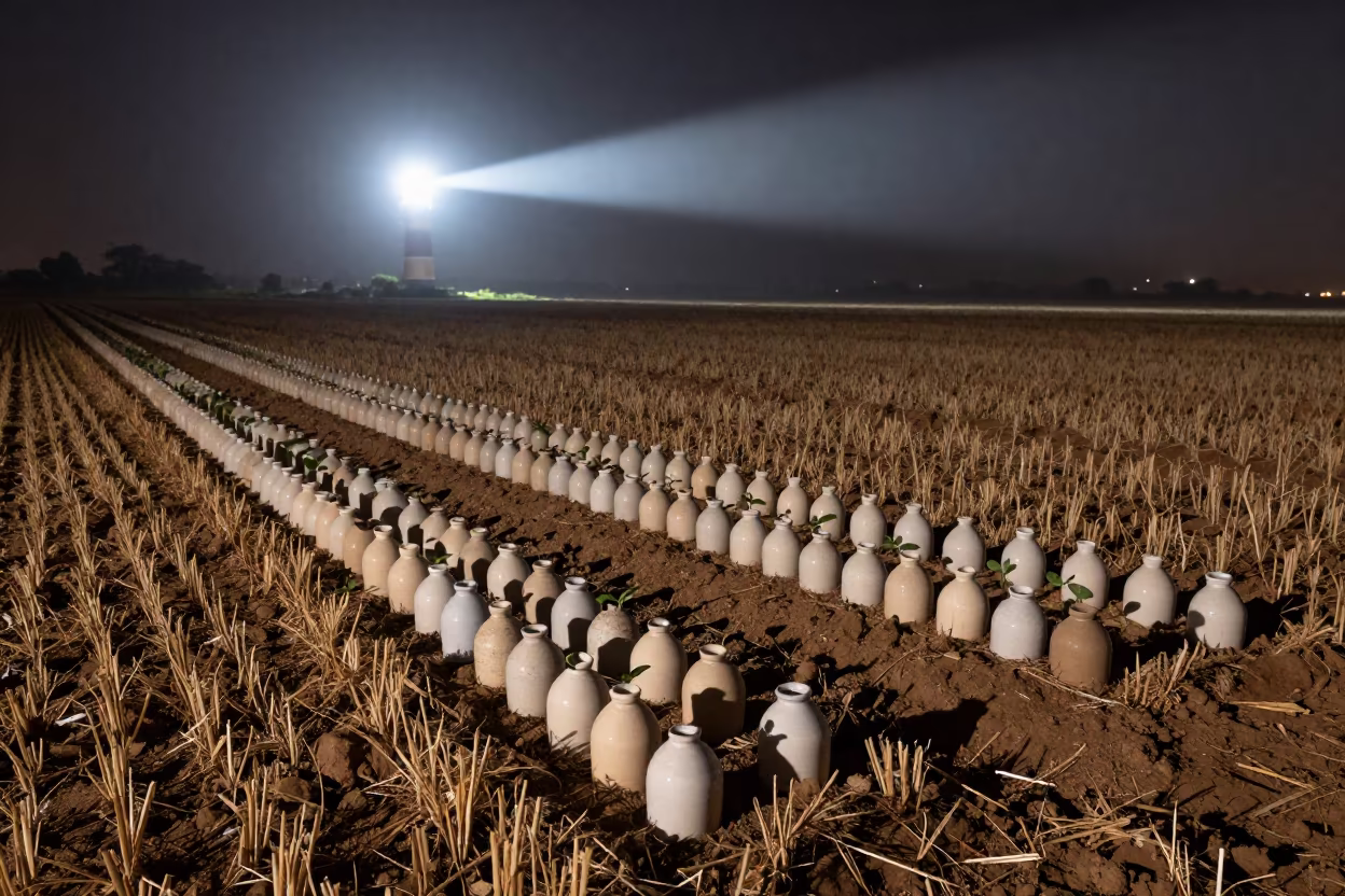 Night Lighthouse Light on Garden Cloches in across a harvested grain field in Somalia