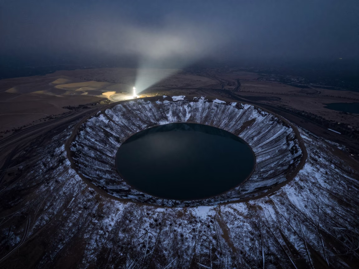 Night Lighthouse Sweep Over Volcanic Crater Lake in above dune fields and dry wadis in Uttarakhand
