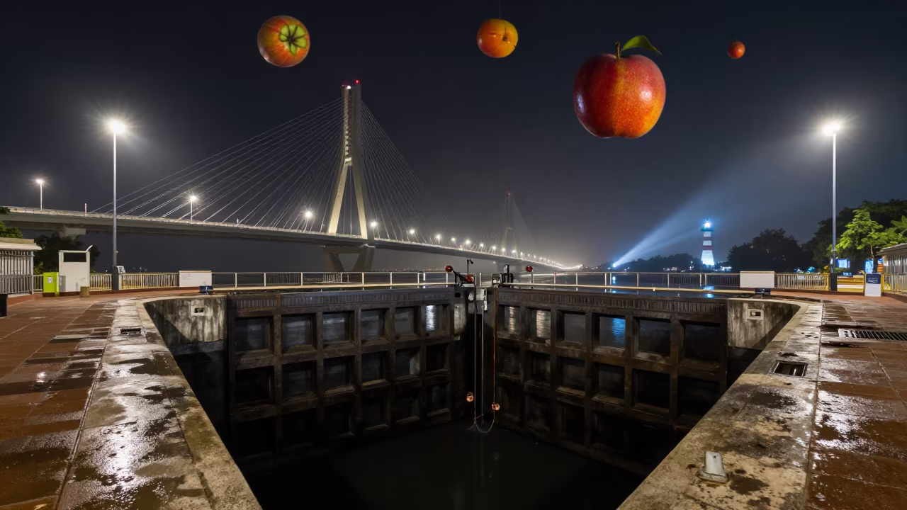 Night Lock Under Bridge with Floating Fruit in under a cable-stayed bridge span in Kala Ghoda, Mumbai