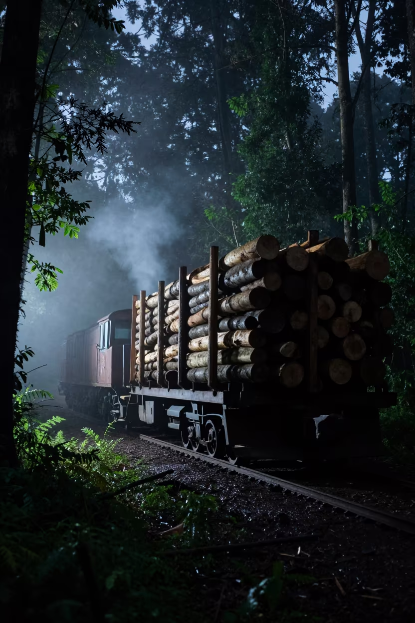 Night Logging Train Hauls Timber Through Foggy Ugandan Forest in in Uganda