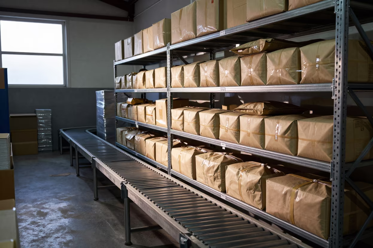 Night Logistics Padded Envelopes Sorting Belt in at a parcel sorting belt in La Banda, Santiago del Estero