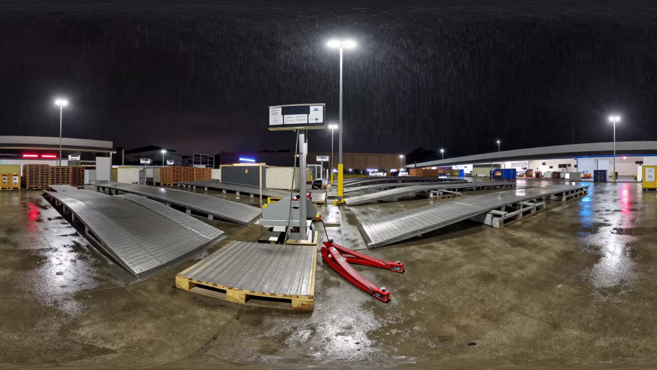 Night Logistics Station With Steel Ramps And Neon Light in inside a cross-dock lane near Salvador