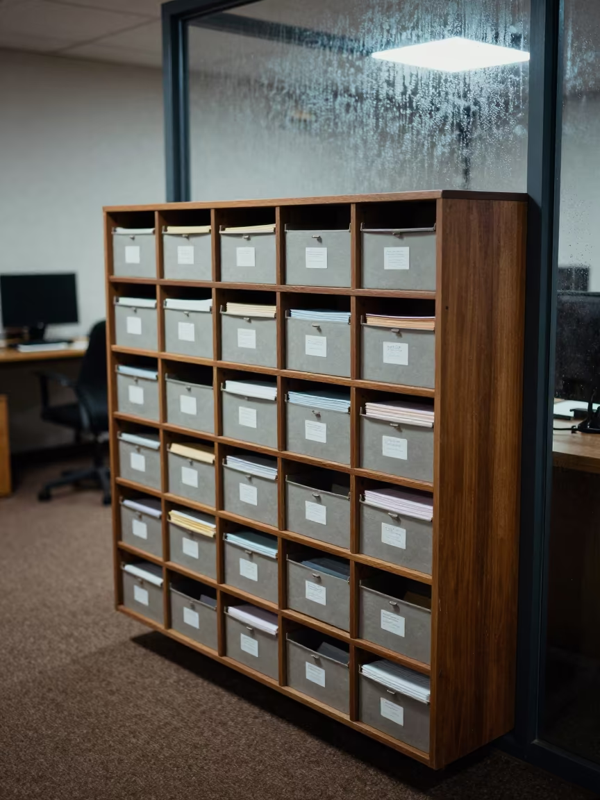 Night Mailroom Shelf with Stamps and Slips in inside a coworking floor in Kampala