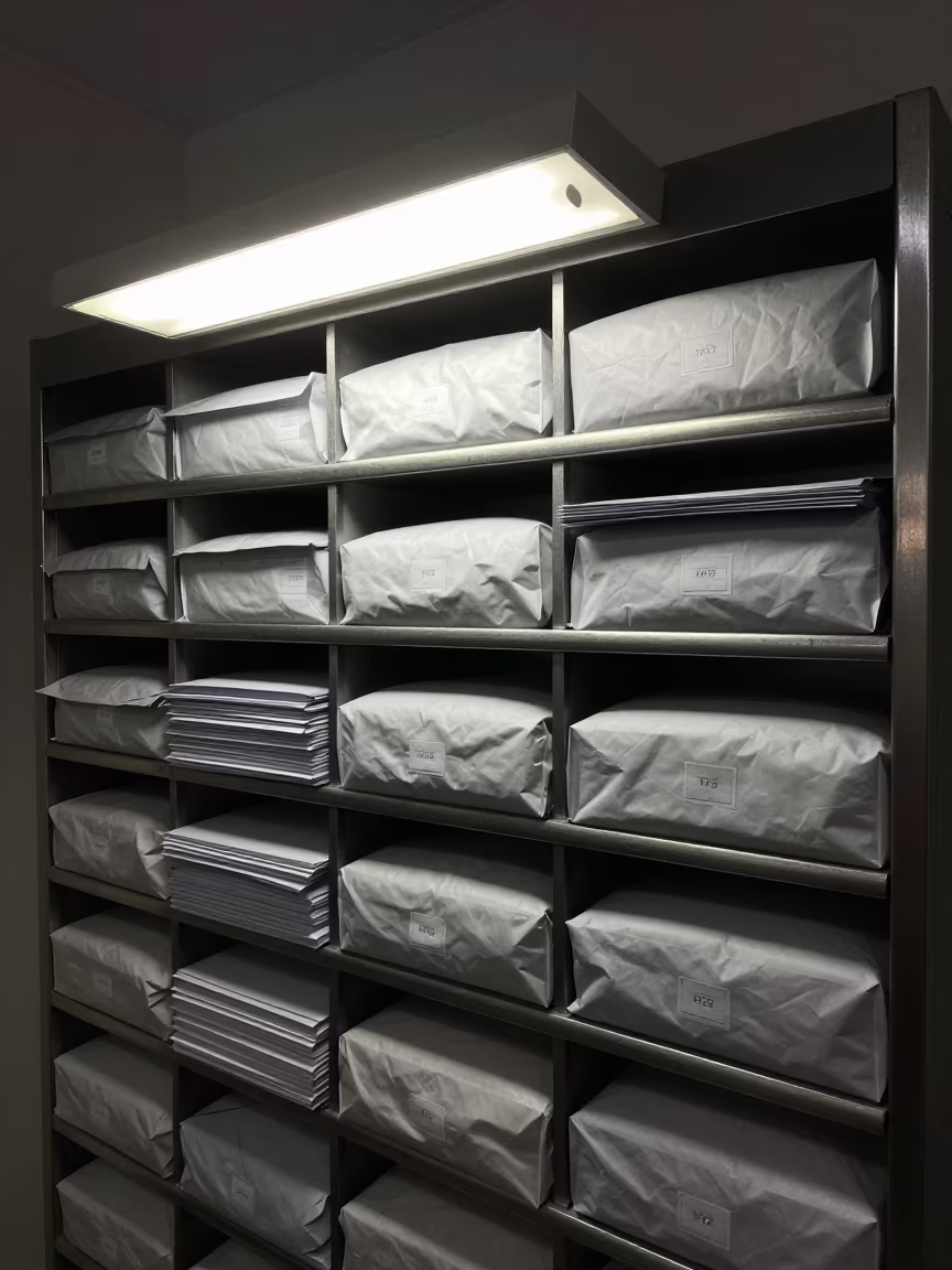 Night Mailroom Shelf With Stamps And Slips in inside an open-plan office bay in Kütahya