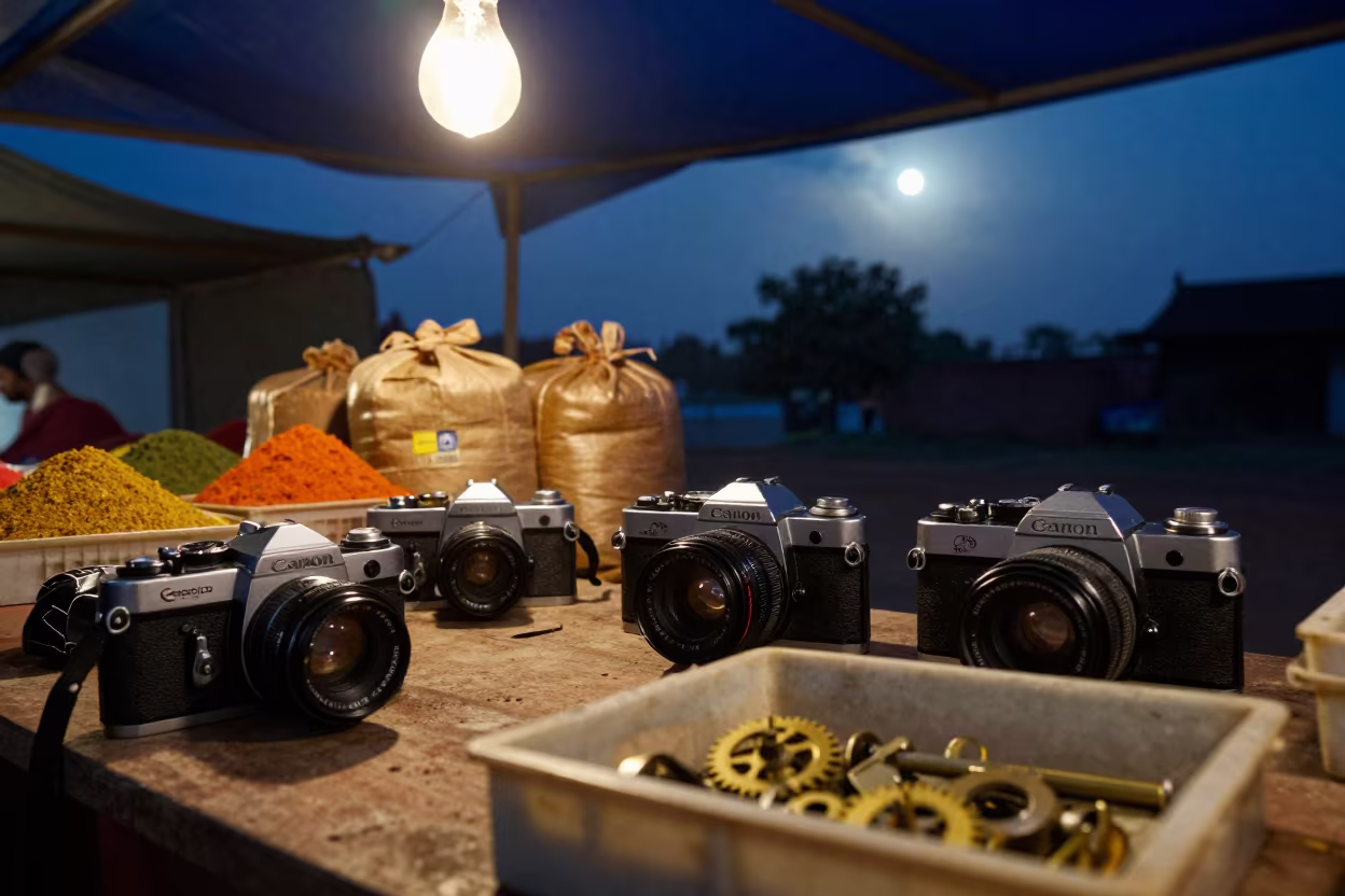 Night Market Camera Table Under Moonlight in at a spice vendor's table in Vadodara