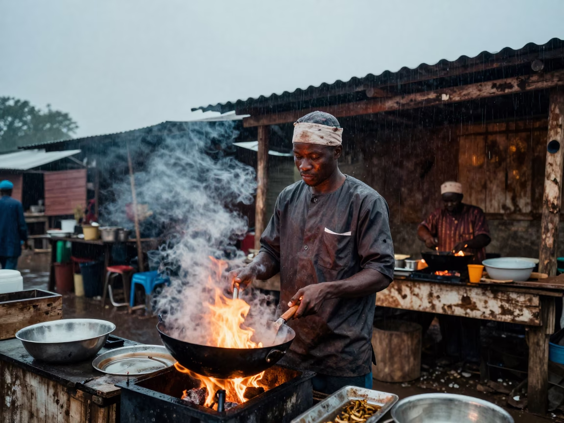 Night Market Cook Owo Wok Fire Portrait in in the old quarter in Owo