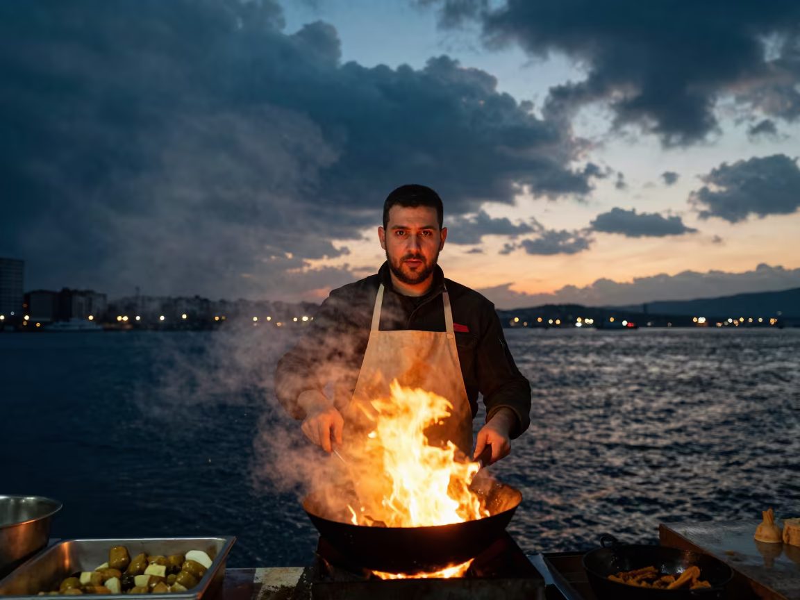 Night Market Cook Steam Fire Portrait Bandırma in near a riverside landing in Bandırma