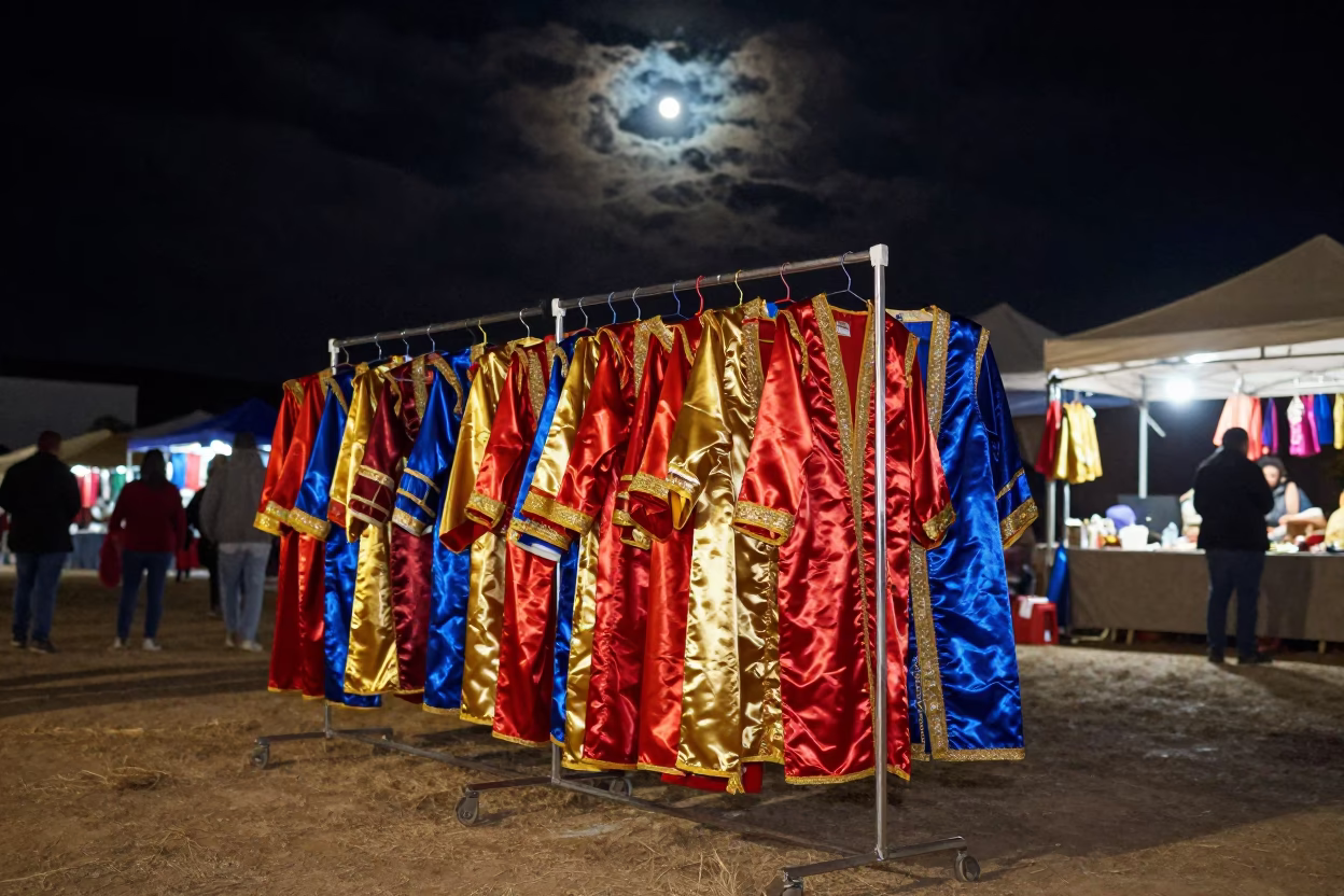 Night Market Costume Rack Under Moonlit Clouds in at a night market near Isparta