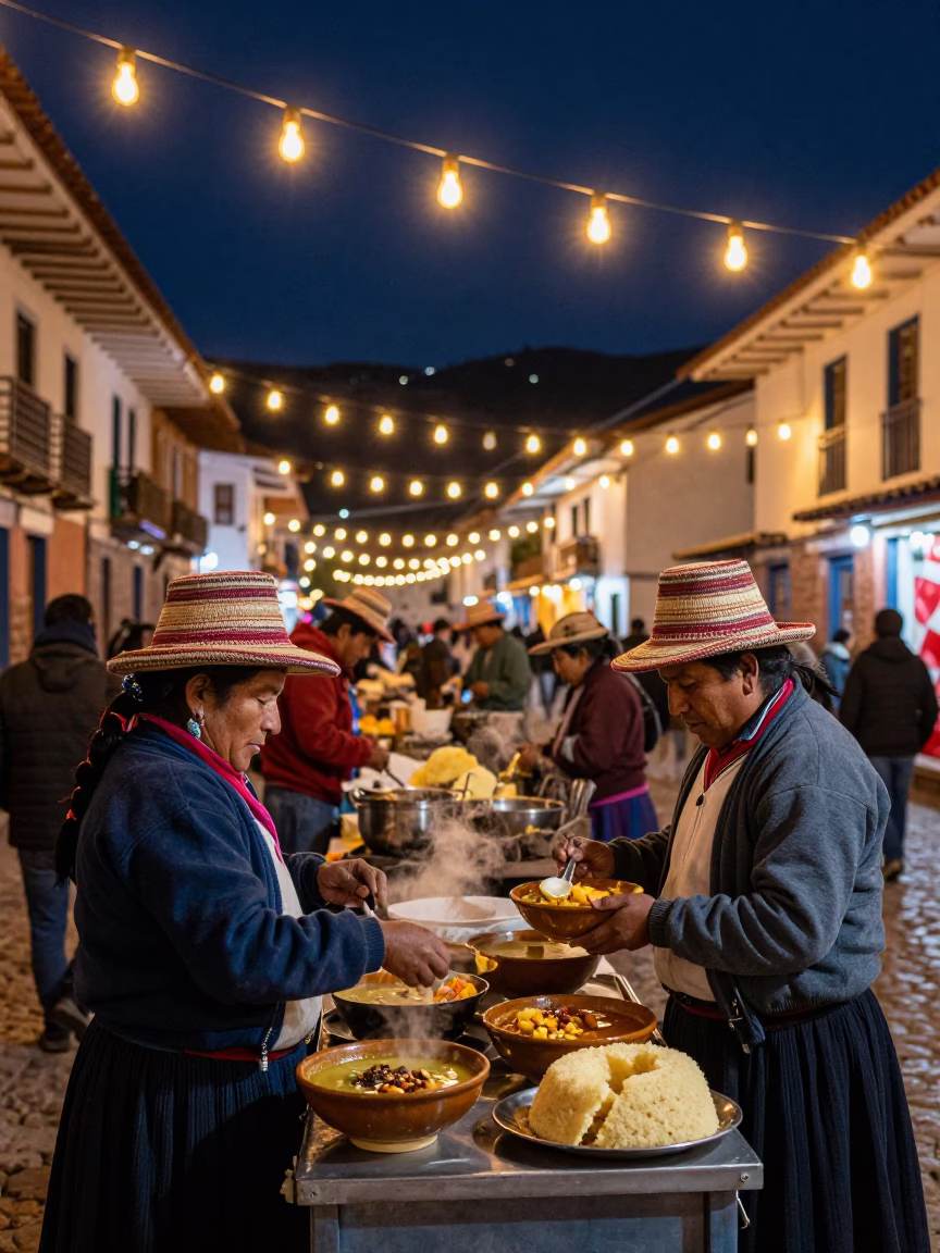 Night Market Cusco Peru Street Food Vendors Selling Traditional Andean Dishes Under Starry Sky in in Cusco, Peru