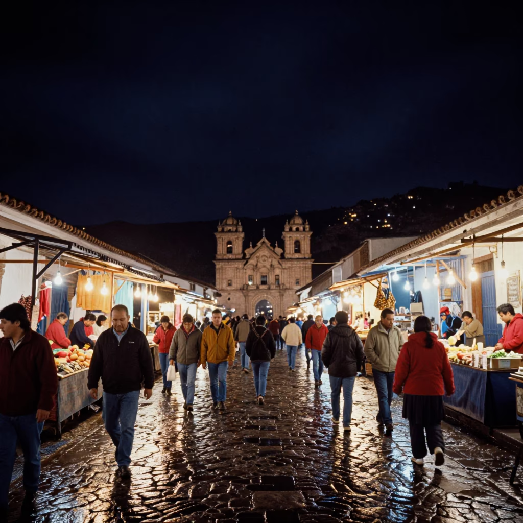 Night Market Cusco Peru Street Photography Under Deep Night Sky in in Cusco, Peru