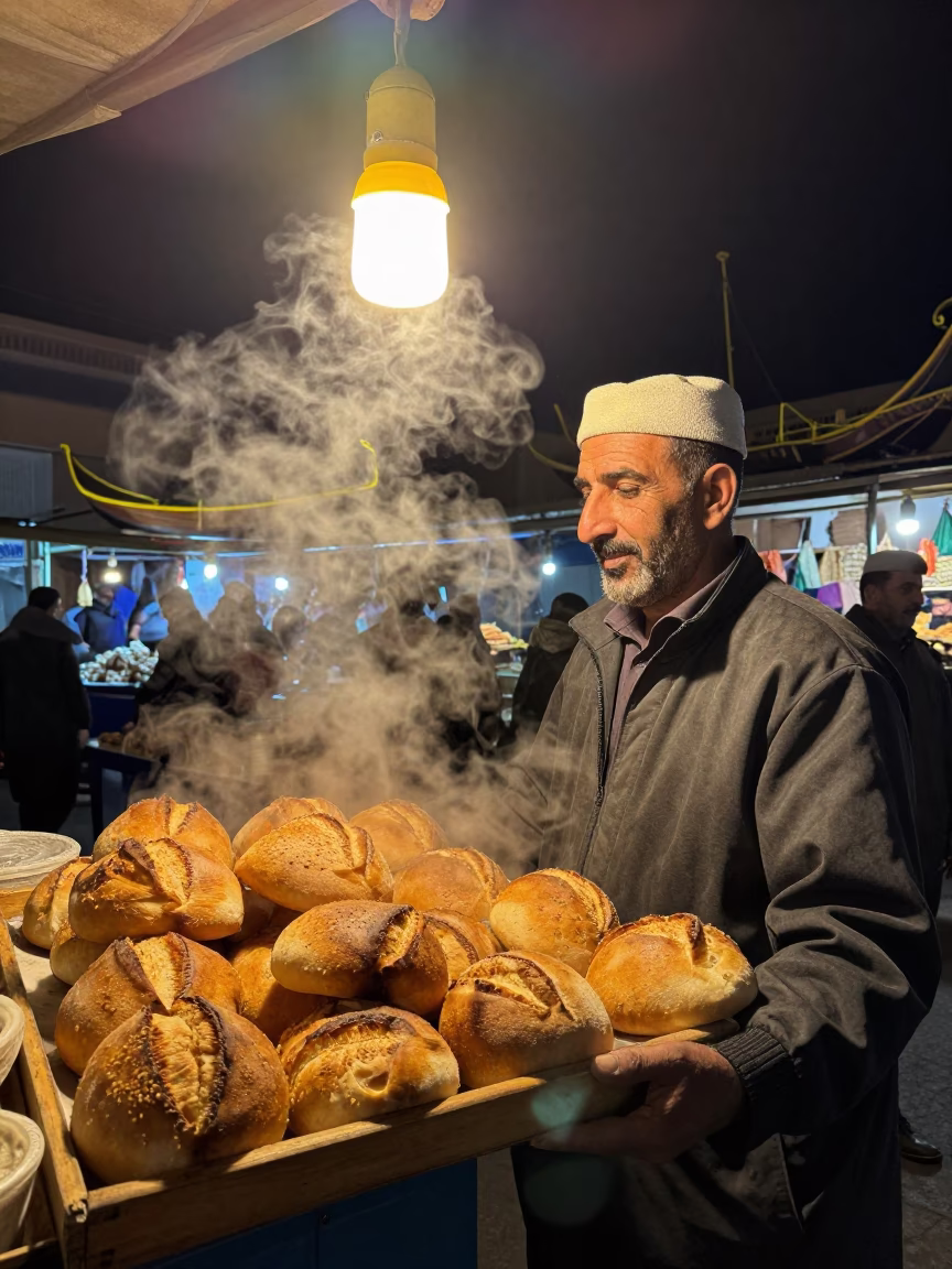 Night Market Fez Morocco Bread Loaves Steam Haze and Catamaran Scratches in in Fez, Morocco