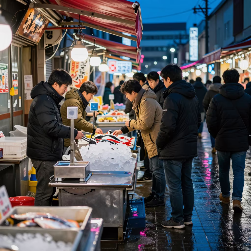 Night Market Fish Counter Neon Reflections in beside a fish counter in Okayama