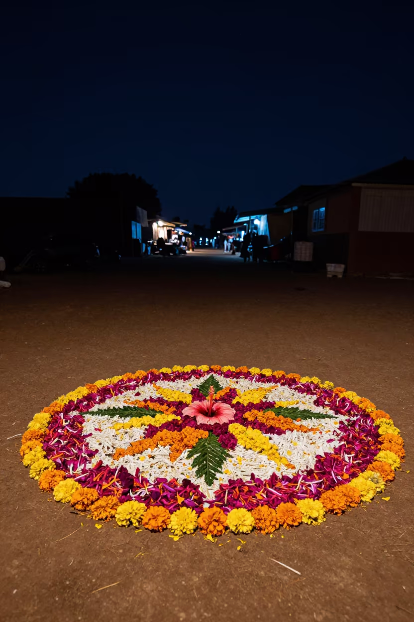 Night Market Flower Carpet Kolam Under Stars in at a night market in Niamey