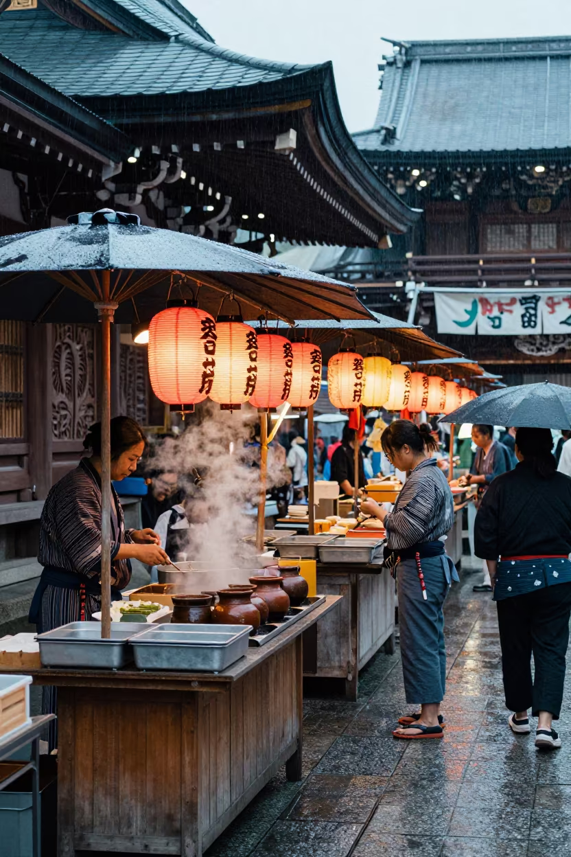 Night Market Food Court Under Noon Light in Wa in in a shrine lined with lanterns in Wa