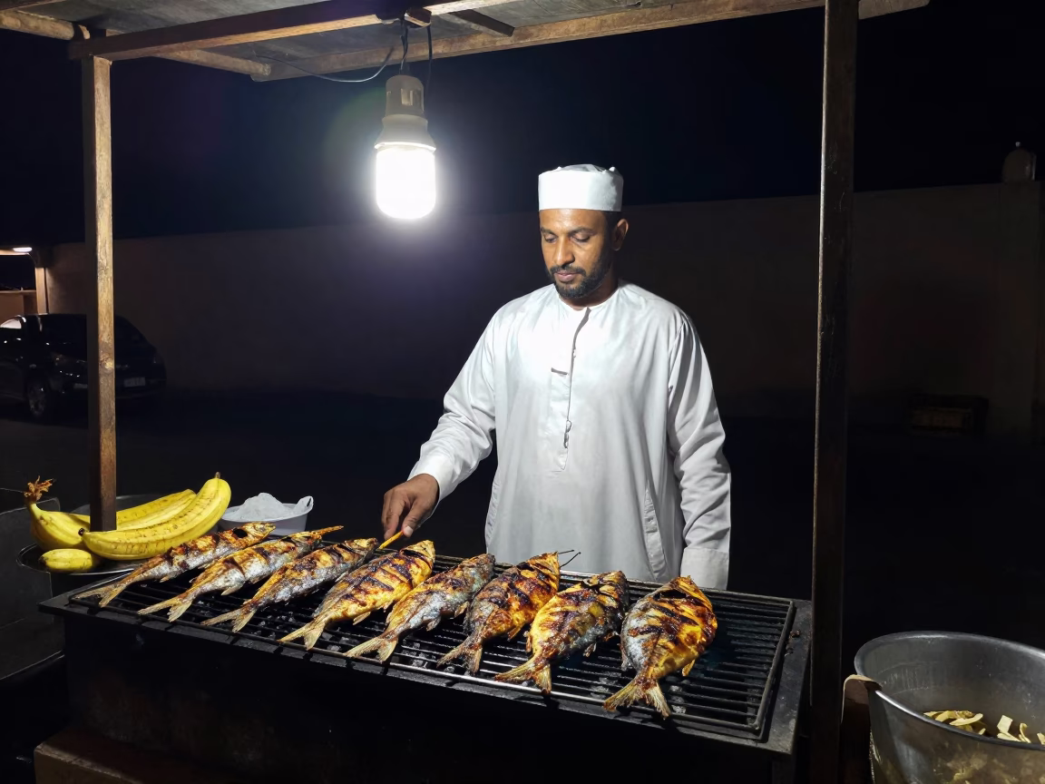 Night Market Food Stall in Marrakech Morocco Grilled Fish on Banana Leaf in in Marrakech, Morocco