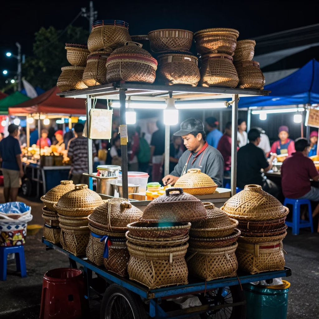 Night Market Food Stall in Surabaya Indonesia with Woven Baskets and Acai Bowl in in Surabaya, Indonesia