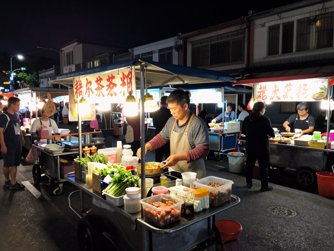Night Market Food Stall in Tainan Taiwan with Street Vendor and Customers in in Tainan, Taiwan