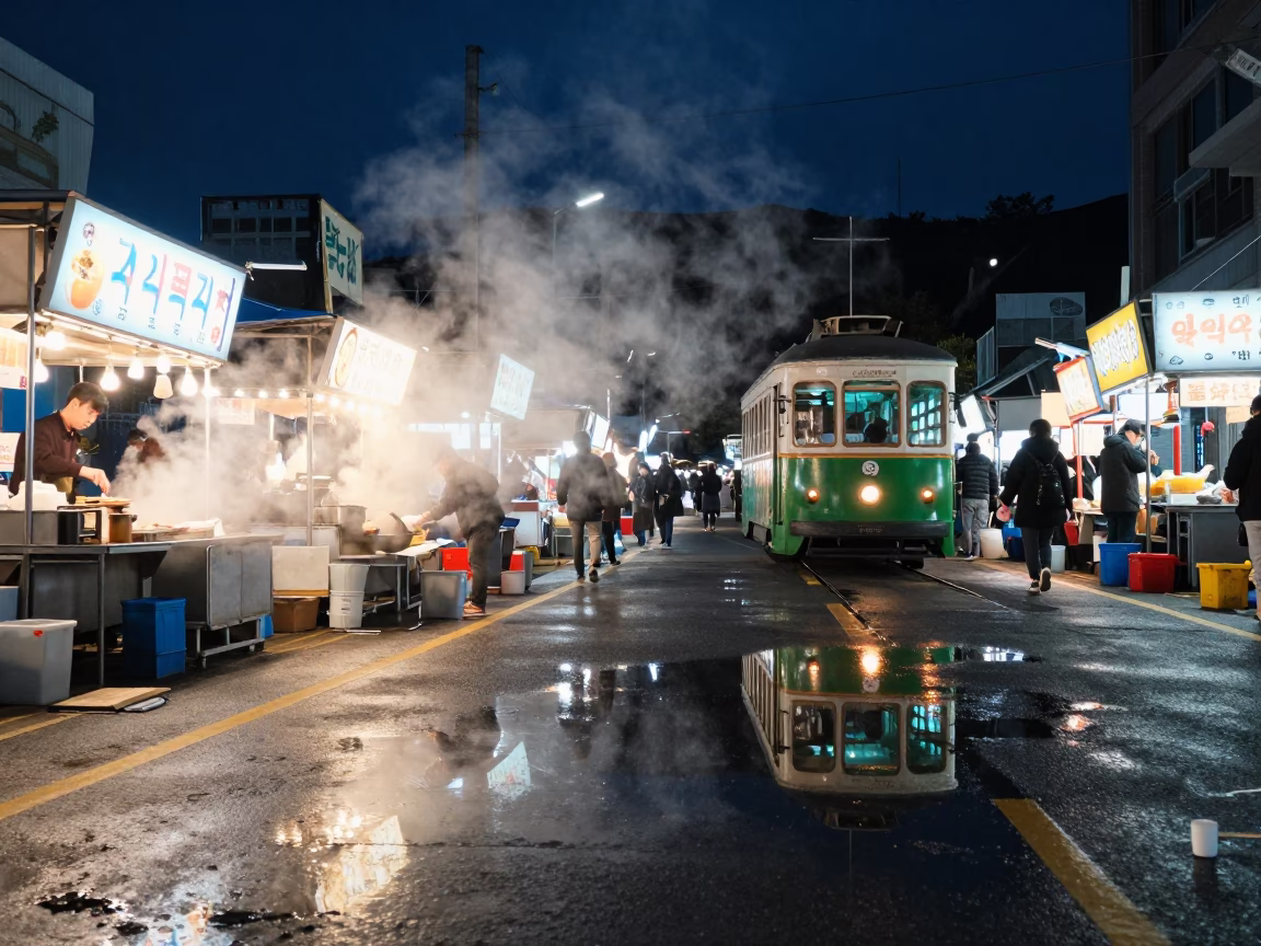 Night Market Food Stall Steam and Tram Reflections in Busan South Korea in in Busan, South Korea