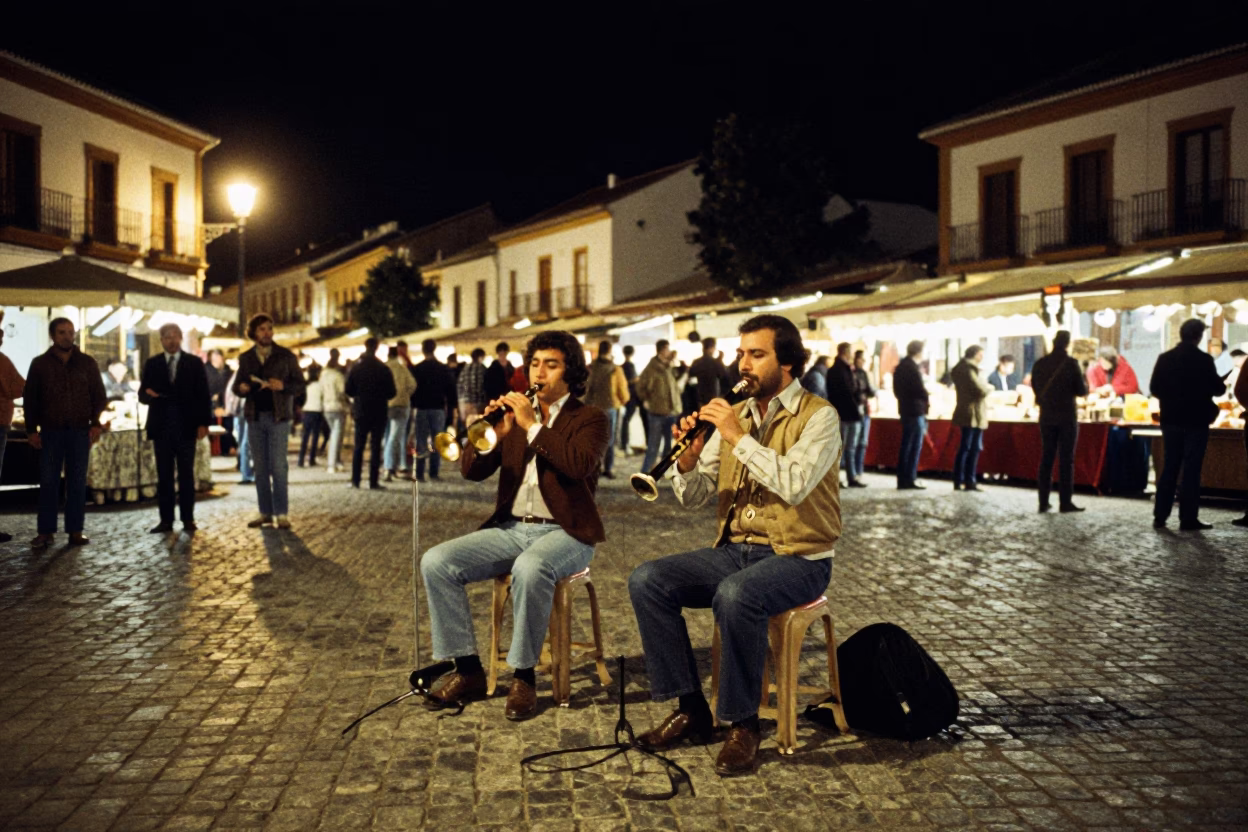 Night Market Granada Spain Late 1970s Musicians Playing Recorder and Violin on Cobblestone Plaza in in Granada, Spain