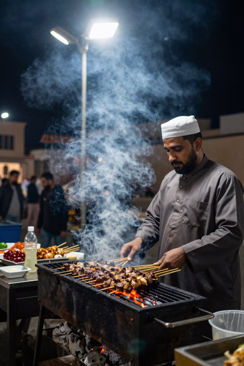 Night Market Grilling Kebabs in Muscat Oman with Sweets and Street Activity in in Muscat, Oman