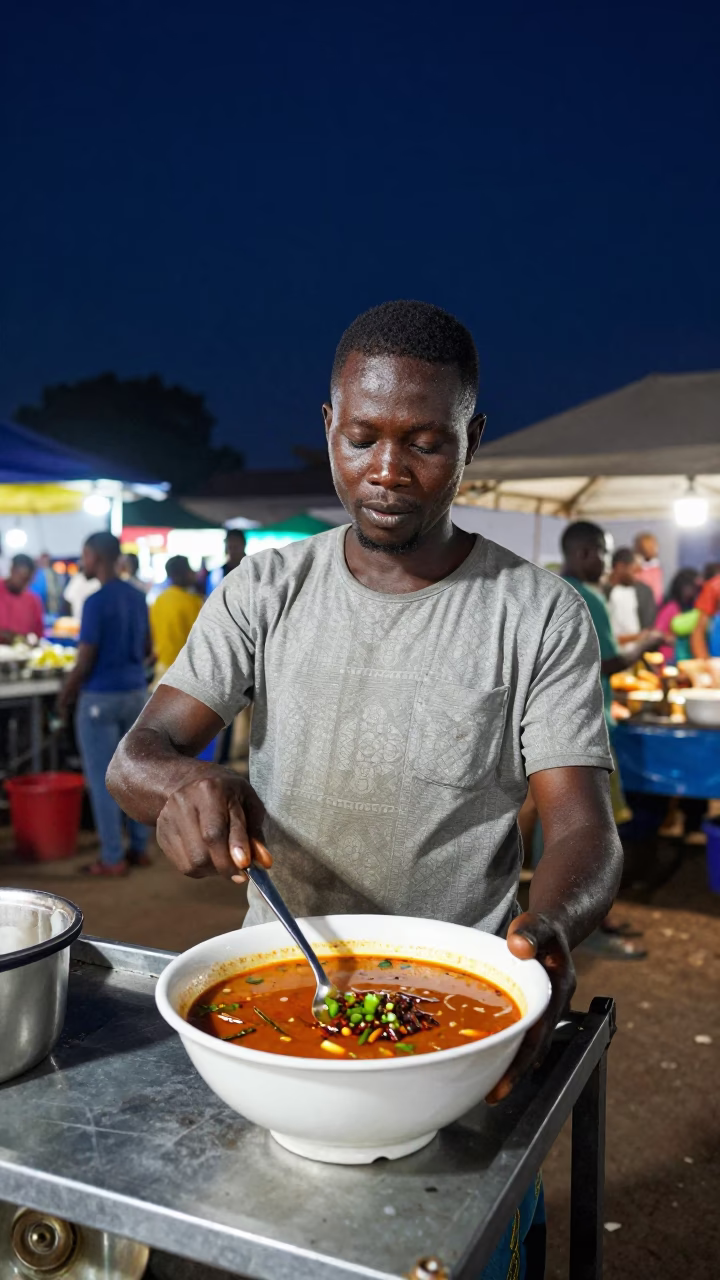 Night Market in Accra Ghana Serving Spicy Goat Pepper Soup Under Deep Night Sky in in Accra, Ghana