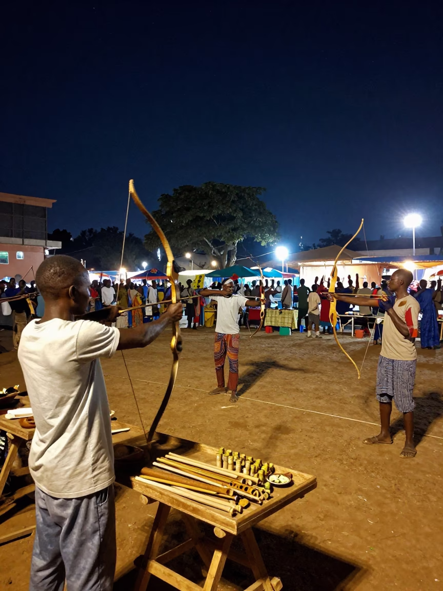 Night Market in Accra Ghana Traditional Archery Contest Under Starry Sky with Local Vendors in in Accra, Ghana