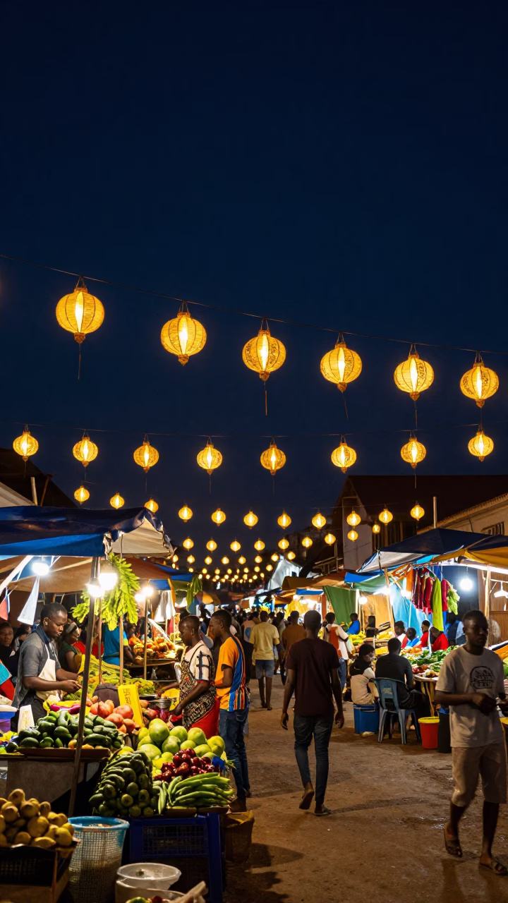 Night Market in Accra Ghana Under Deep Sky With Hanging Lanterns and Local Vendors in in Accra, Ghana