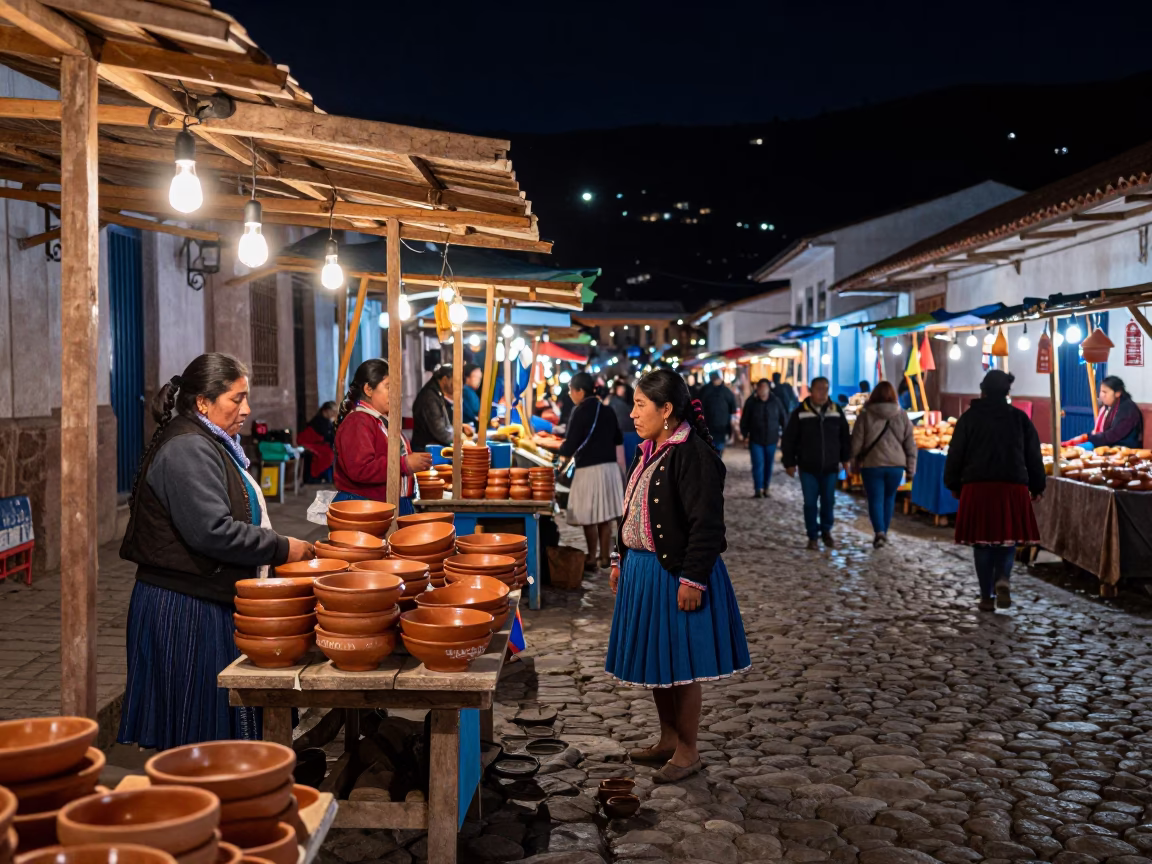 Night Market in Cusco Peru Terracotta Bowls and Street Life 1970s in in Cusco, Peru