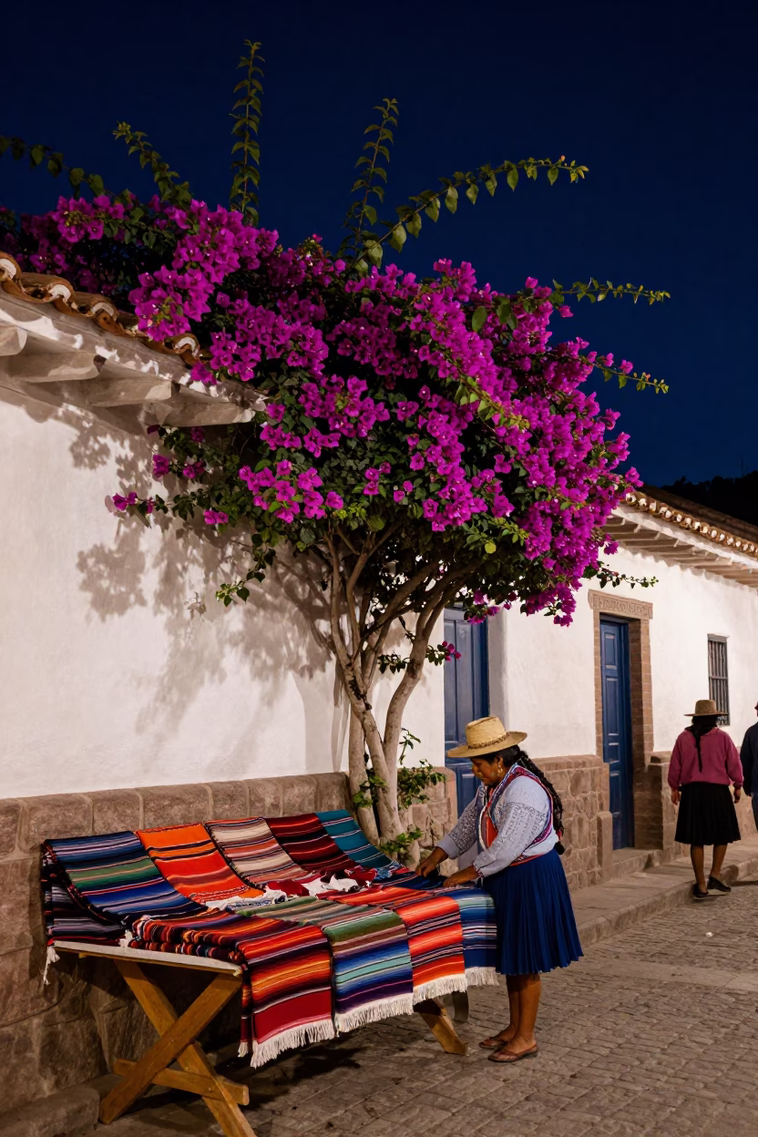Night Market in Cusco Peru with Bougainvillea and Traditional Textiles Under Deep Sky in in Cusco, Peru