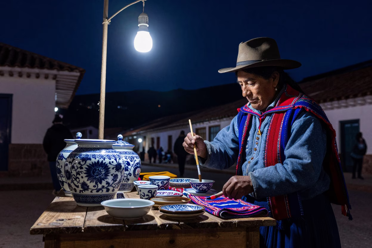 Night Market in Cusco Peru with Porcelain Jar and Paintbrush in in Cusco, Peru
