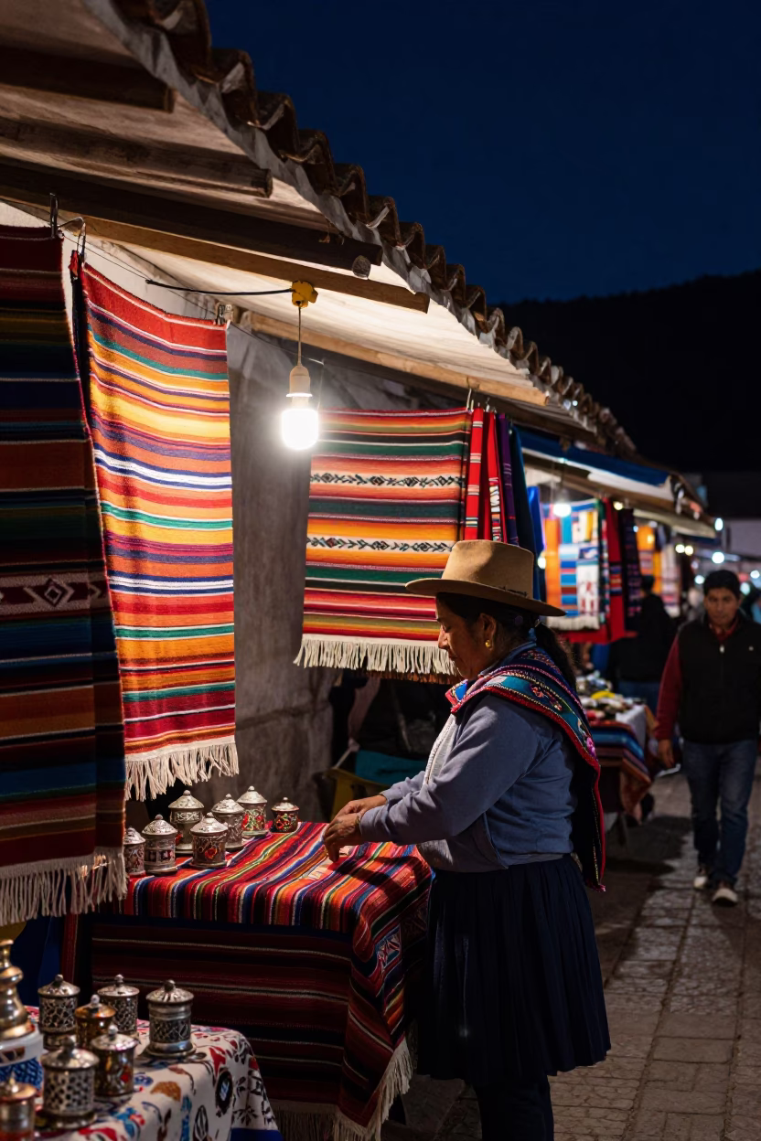 Night Market in Cusco Peru with Tapestry and Tiffin Tin Under Starry Sky in in Cusco, Peru