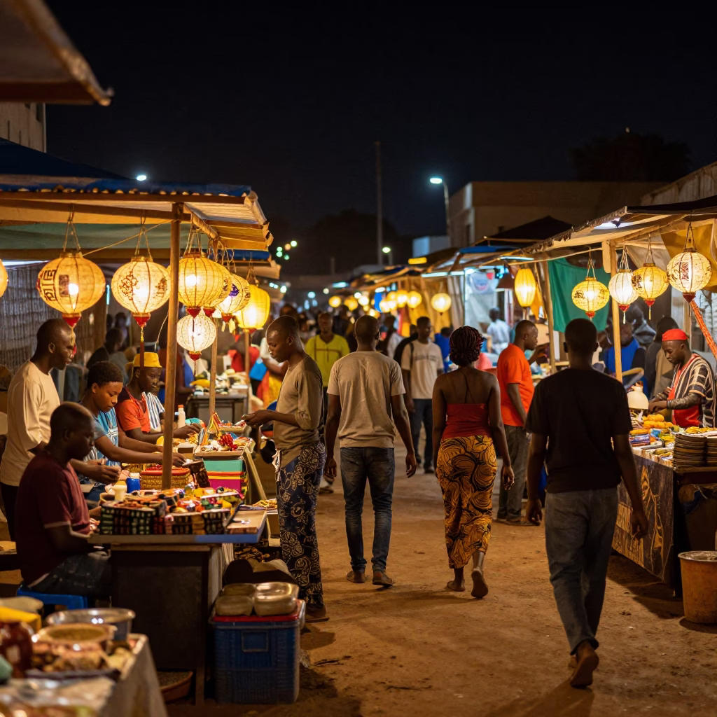 Night Market in Dakar Senegal with Lanterns and Local Interaction in in Dakar, Senegal