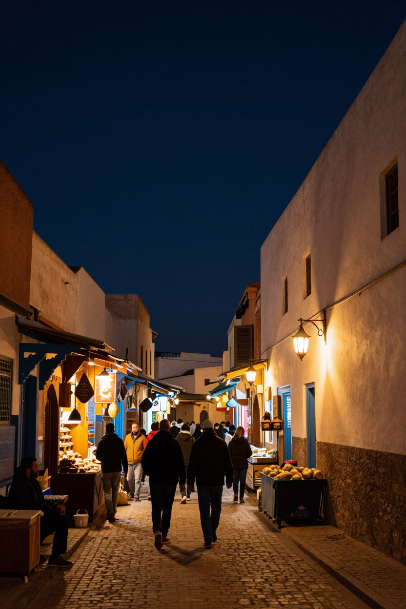 Night Market in Essaouira Morocco Street Life Under Deep Sky in in Essaouira, Morocco