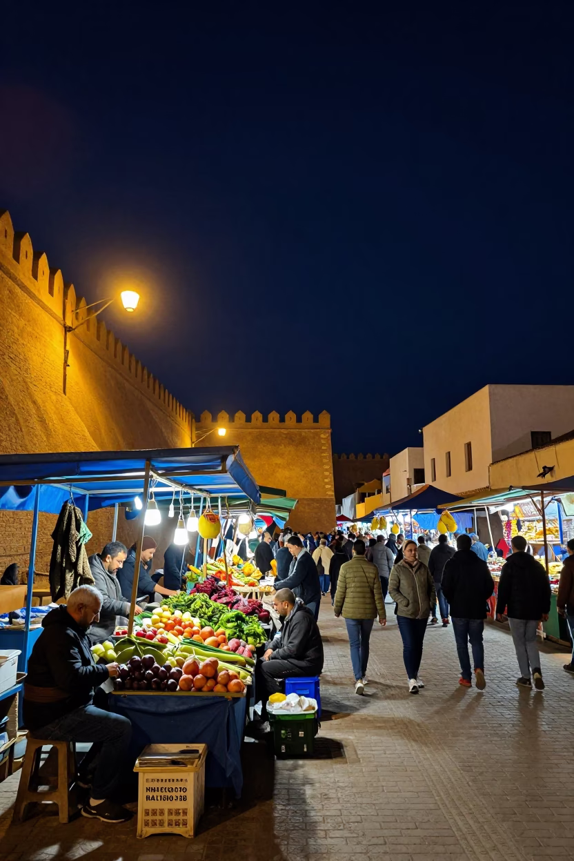 Night Market in Essaouira Morocco Under Deep Sky with Traditional Tea Service in in Essaouira, Morocco