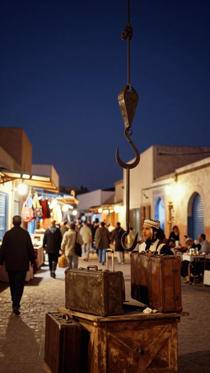 Night Market in Essaouira Morocco with Iron Hook and Suitcases in in Essaouira, Morocco