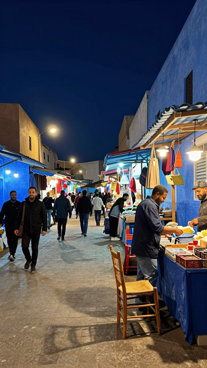 Night Market in Essaouira Morocco with Ladder Back Chair and Lockbox in in Essaouira, Morocco