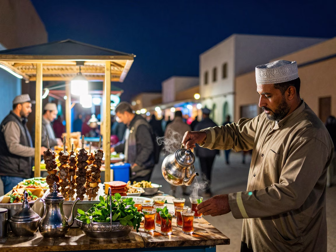 Night Market in Essaouira Morocco with Traditional Teapot and Kebab Stand Under Stars in in Essaouira, Morocco
