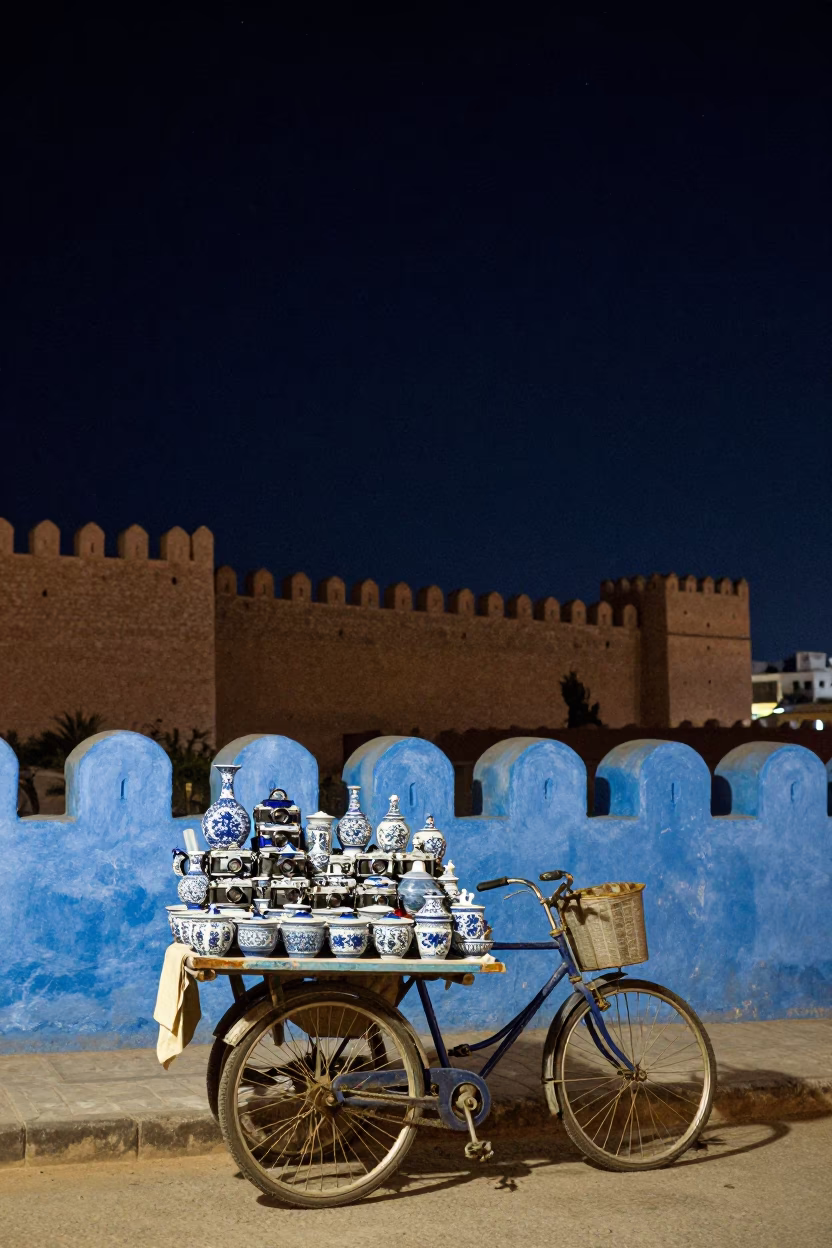 Night Market in Essaouira Morocco with Vintage Bicycle and Blue Porcelain under Deep Sky in in Essaouira, Morocco
