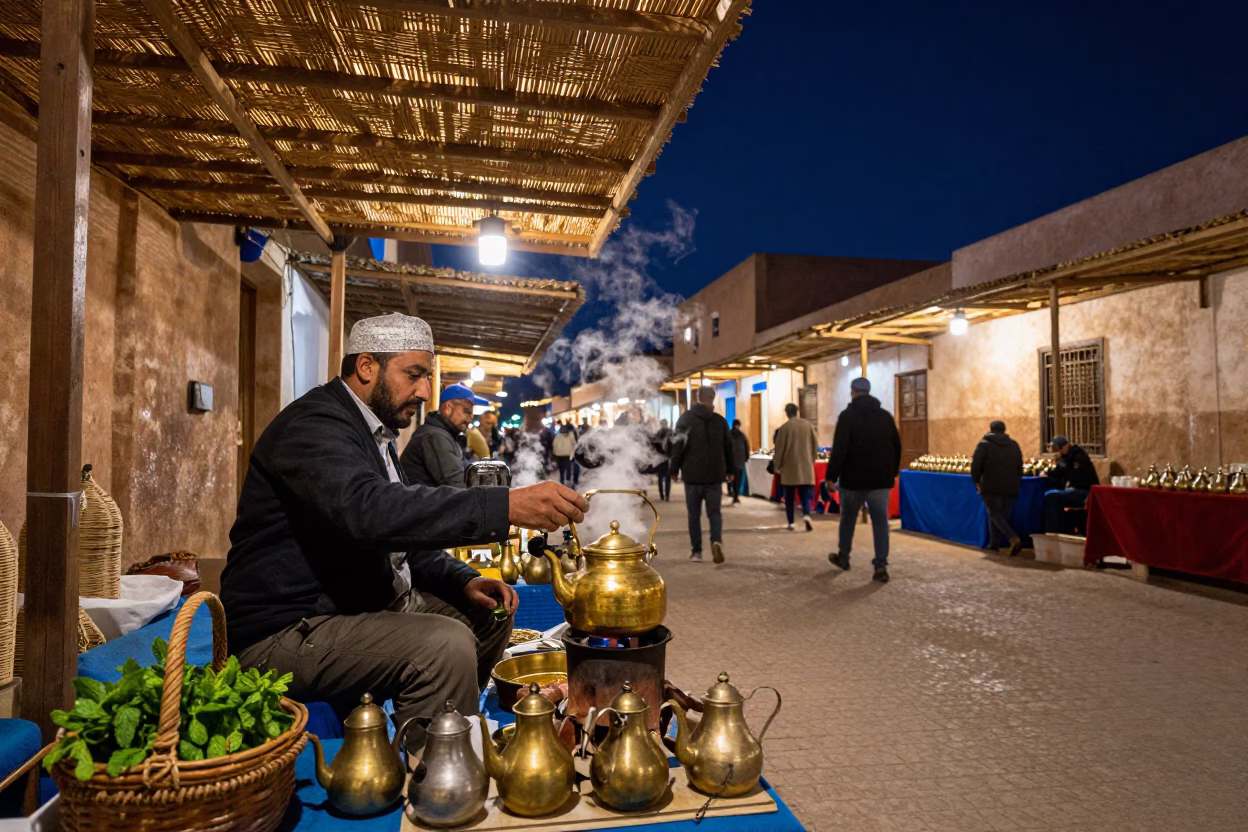 Night Market in Essaouira Morocco with Wicker Shadows and Tea Kettles in in Essaouira, Morocco